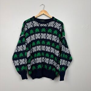 Emerald Isle Sweater Mens Large Blue Green Irish Fair Isle Shamrock St. Pattys